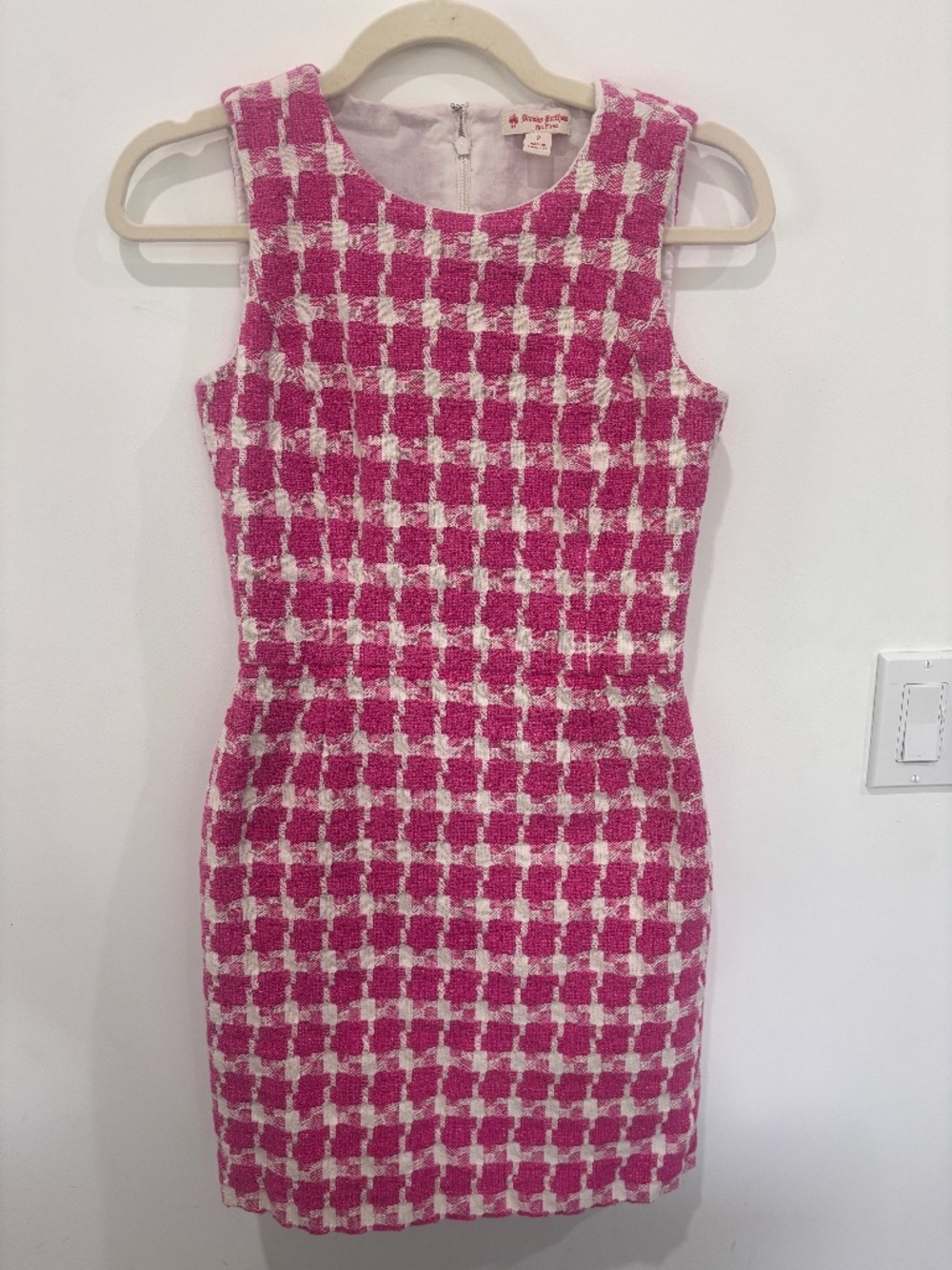 Brooks Brothers Pink Boucle Dress Size 2 Houndstooth Plaid Fleece Sheath